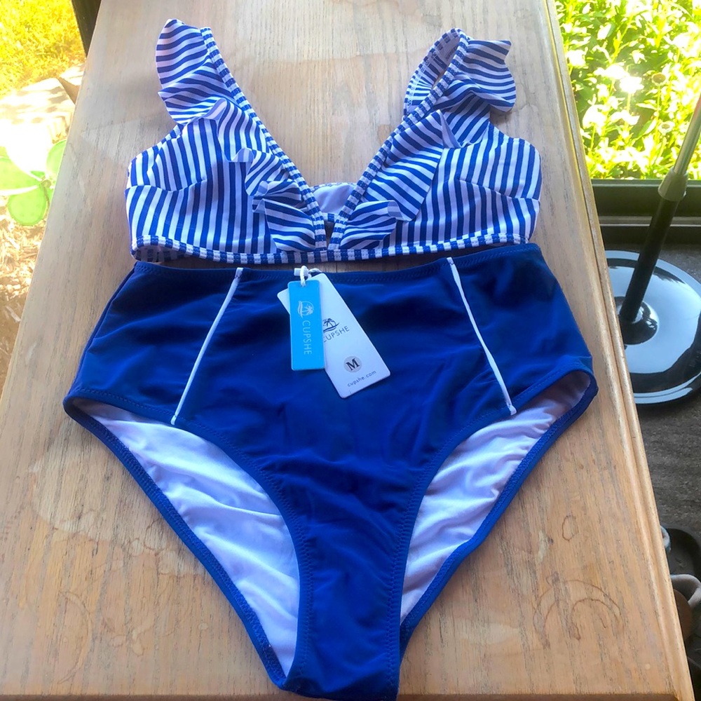 Blue and White Cupshe High Waisted Bikini, Medium